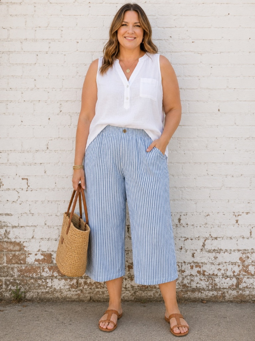 Alia 100% Cotton Striped Capri Pants Blue White Wide Leg Elastic Waist Size 18